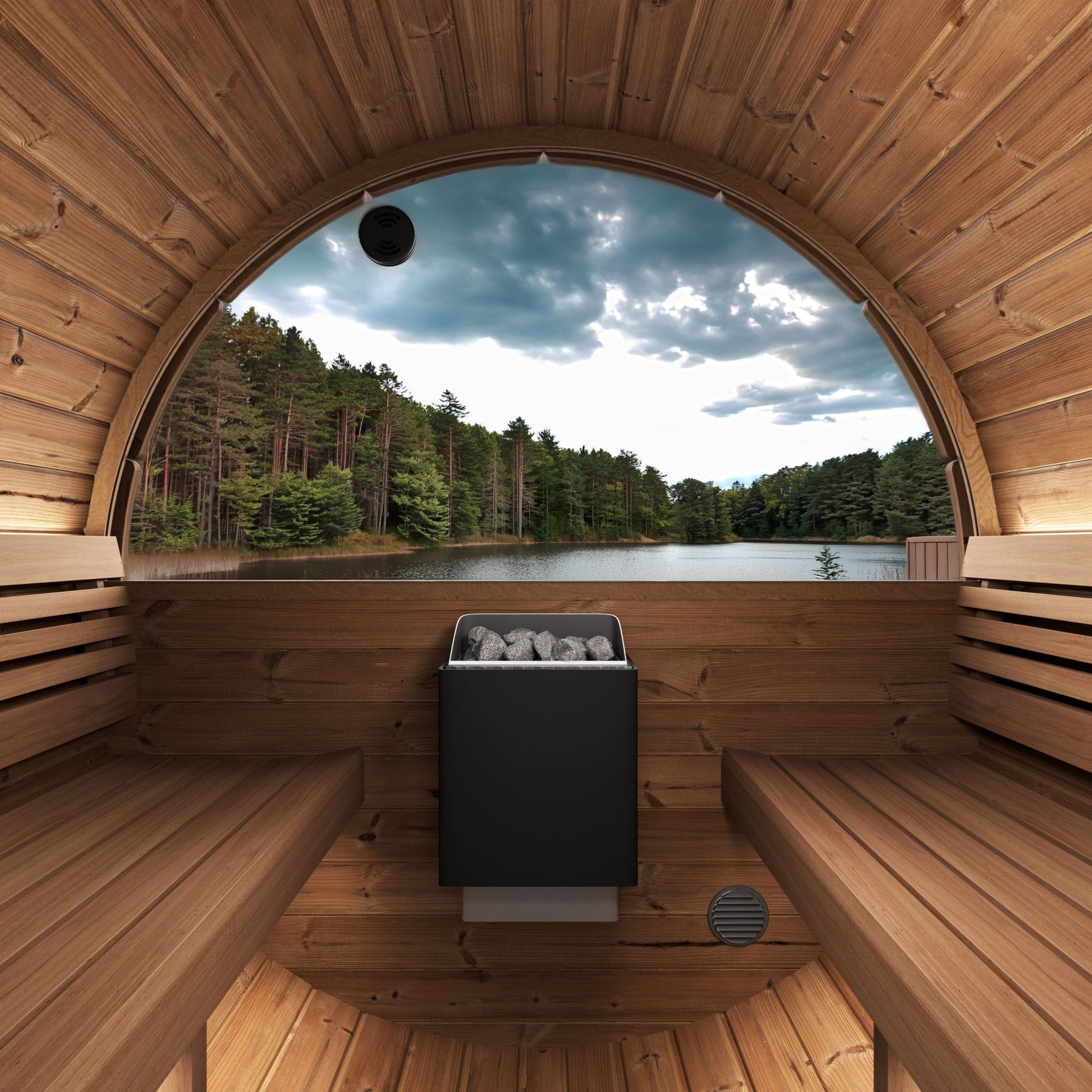 SaunaLife E6WB 3 Person Outdoor Barrel Sauna with Panoramic Window – Black - NW Immersion