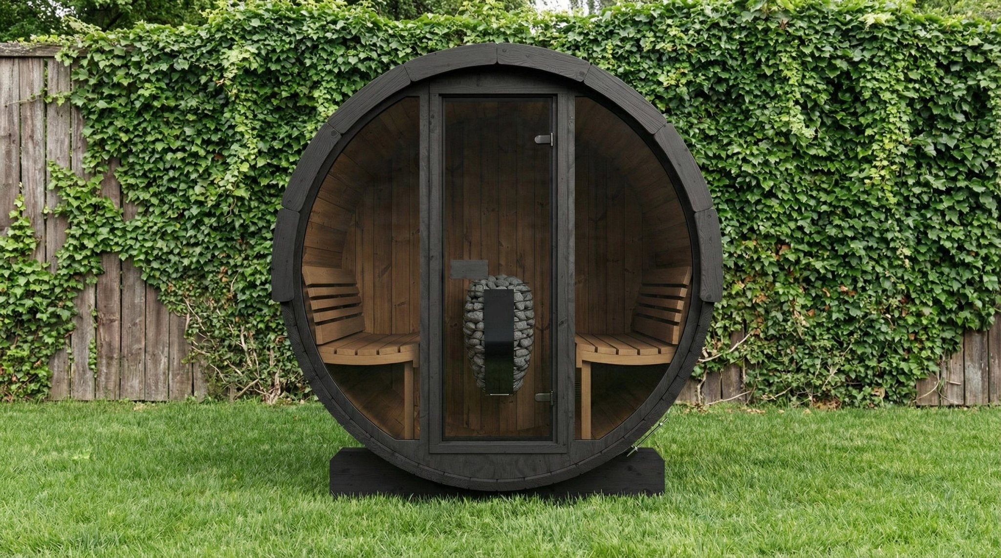 SaunaLife E7GB 4 Person Outdoor Barrel Sauna with Glass Front – Black - NW Immersion
