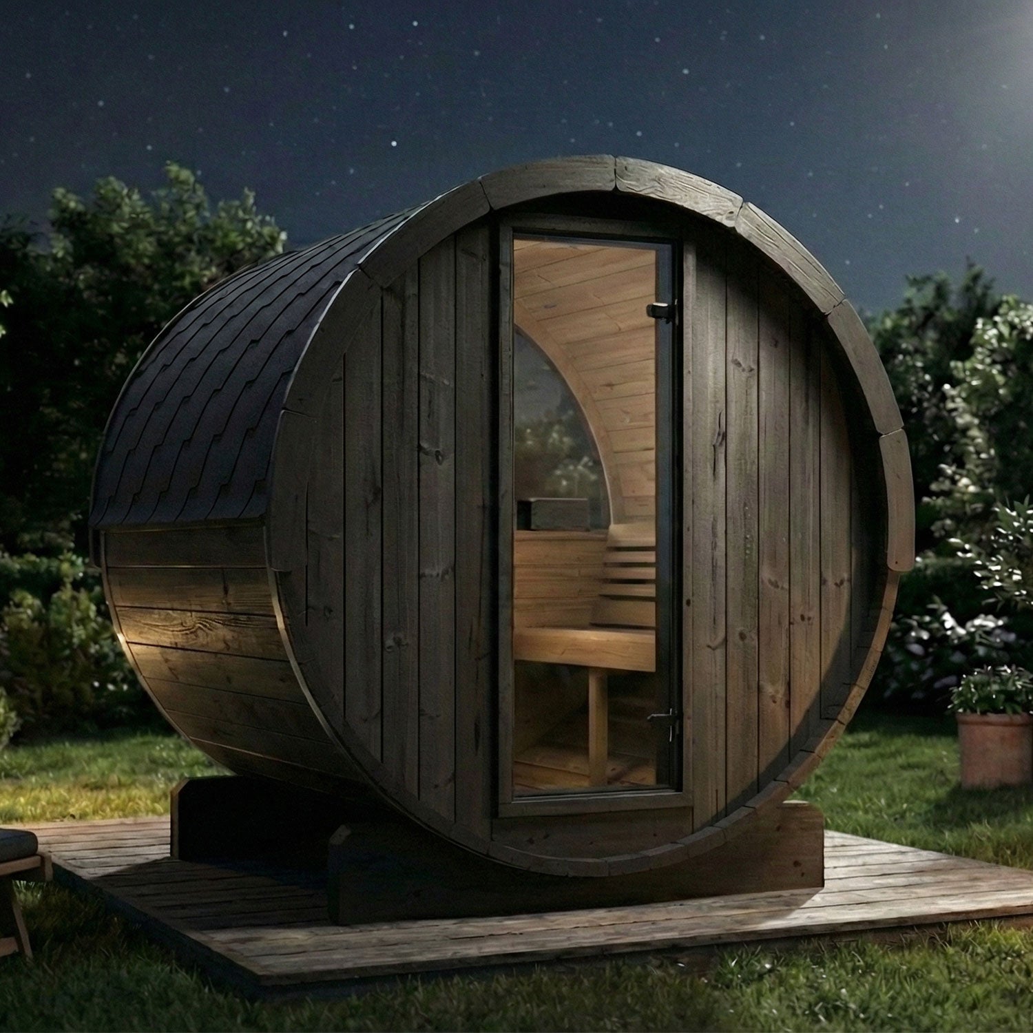 SaunaLife E7WB 4-Person Outdoor Barrel Sauna with Panoramic Window – Black - NW Immersion