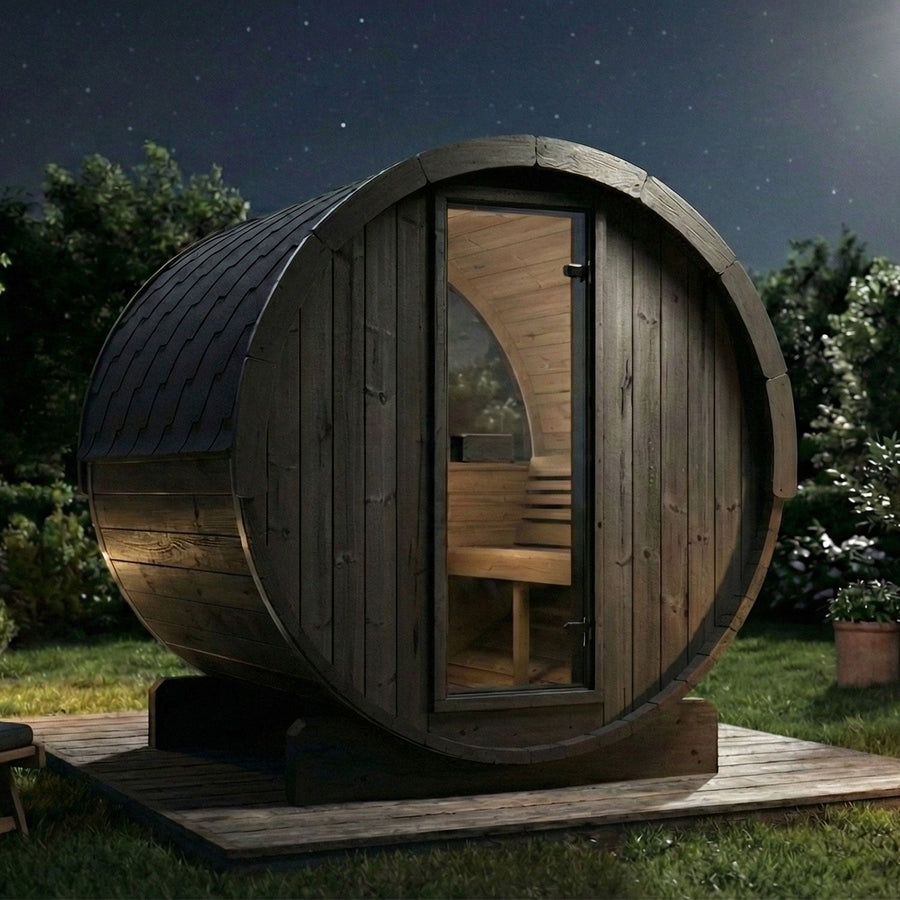SaunaLife E7WB 4-Person Outdoor Barrel Sauna with Panoramic Window – Black - NW Immersion