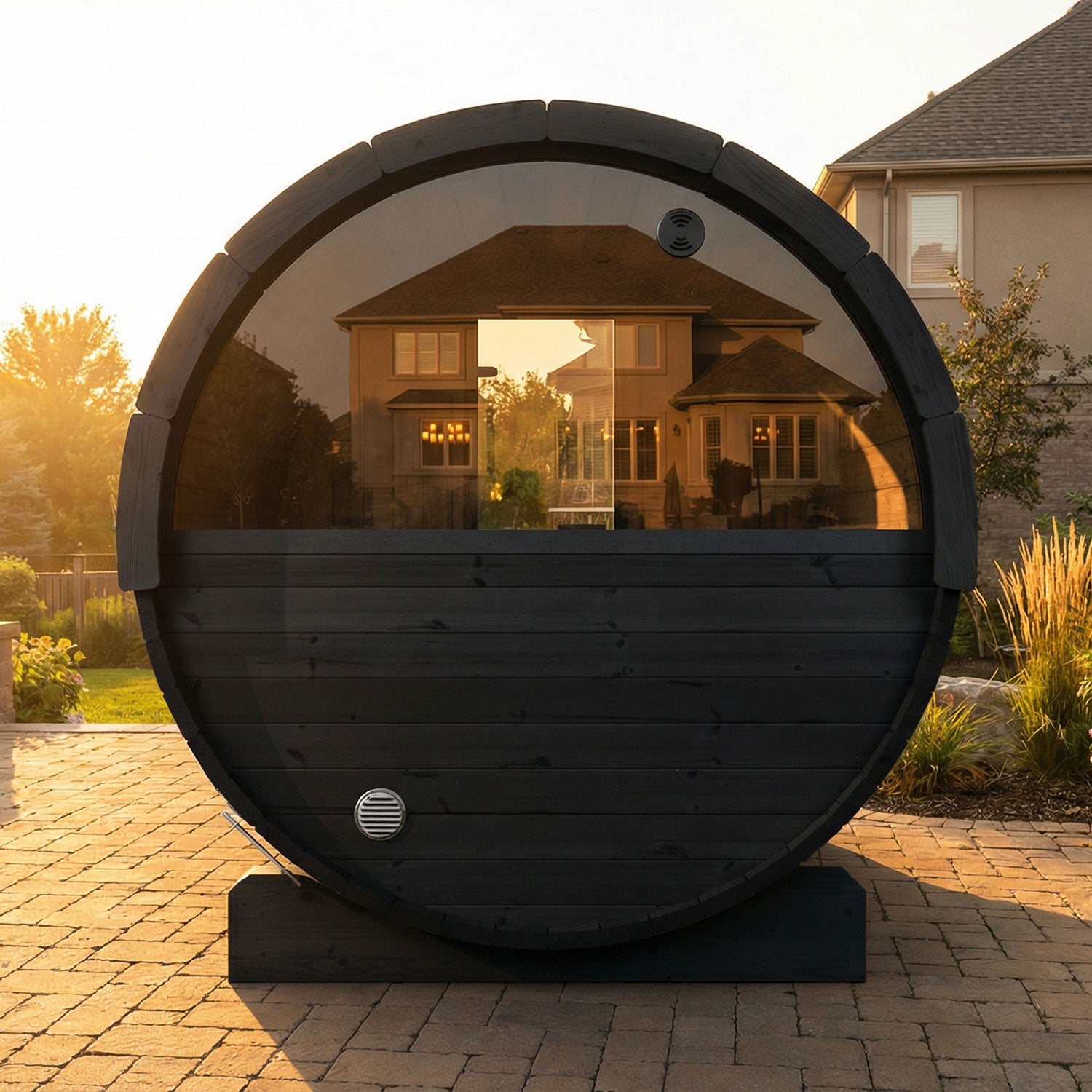 SaunaLife E7WB 4-Person Outdoor Barrel Sauna with Panoramic Window – Black - NW Immersion