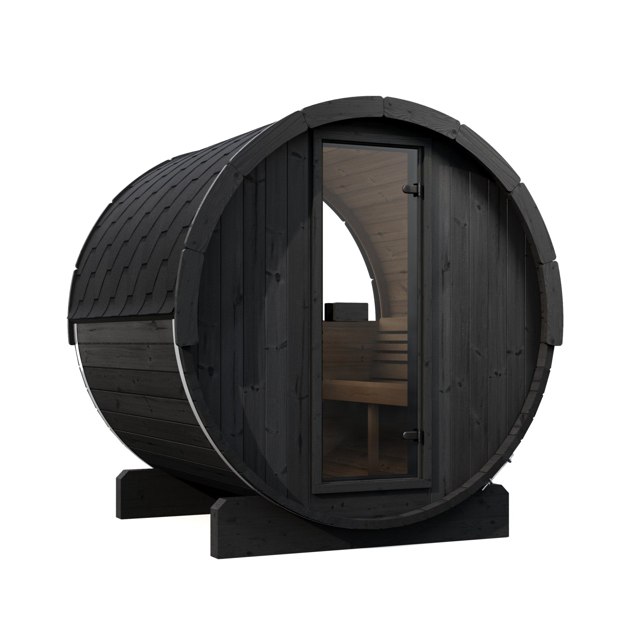 SaunaLife E7WB 4-Person Outdoor Barrel Sauna with Panoramic Window – Black - NW Immersion