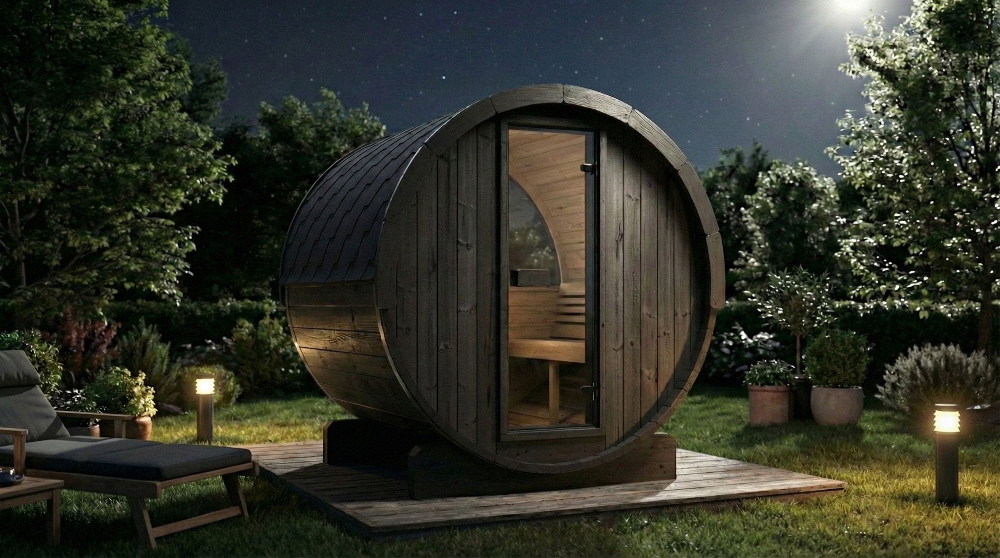 SaunaLife E7WB 4-Person Outdoor Barrel Sauna with Panoramic Window – Black - NW Immersion