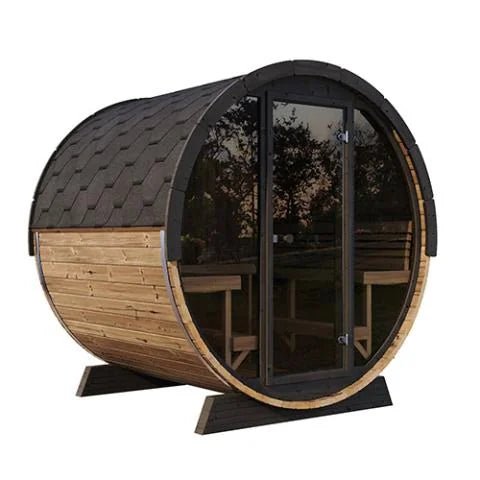 SaunaLife EE8G Luxury Outdoor Barrel Sauna – 6 Person Glass Front - NW Immersion