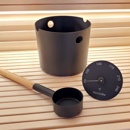 saunalife accessory kit, matte black, includes bucket, ladle, thermometer in fahrenheit