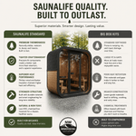 SaunaLife outdoor sauna comparison showing superior Thermowood durability, Scandinavian design, comfort, and craftsmanship.