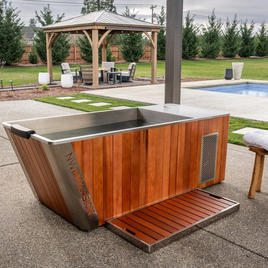 The Immersion Tub, Luxury Hot & Cold Plunge — product photo with the Cedar and Stainless Drip Tray